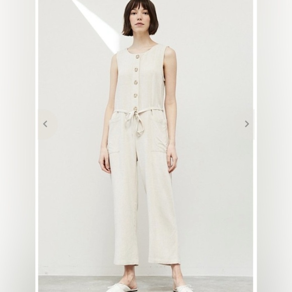 Grade & Gather Linen Blend Sleeveless Button-Front Jumpsuit Beige Sz Small